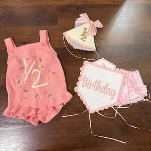 Baby Half Birthday 6 Months Onesie Hat and Banner Decorations Pink Sz 3-6m